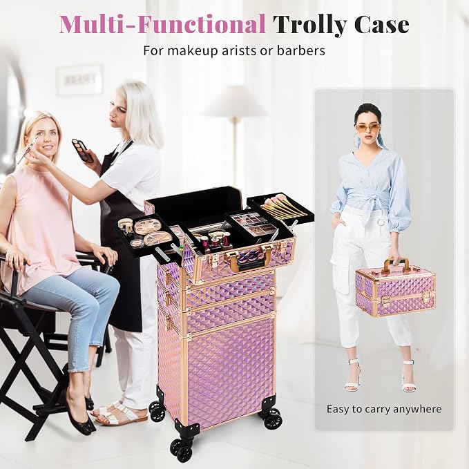 AROUS Rolling Makeup Train Case 4 in 1 Cosmetology Case on Wheels Large Storage Cosmetic Trolley with Key Salon Barber Case Traveling Cart Trunk, Pink - Image 7