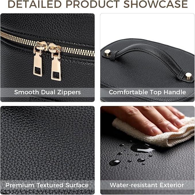 BAGOK Leather Vanity Case Makeup Bag with Removable Divider, Washable Compartments, Dual Zipper & Carry Handle – Travel Toiletry Organizer for Women - Image 4
