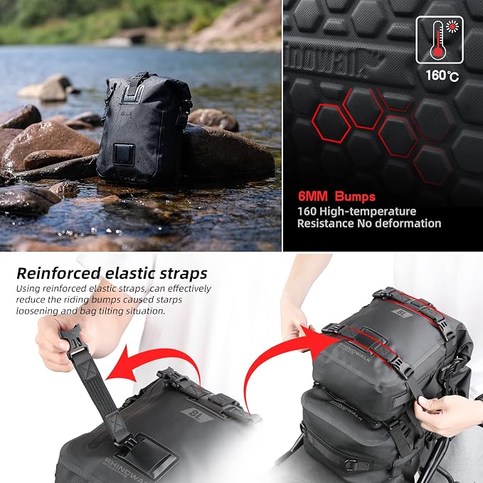 Rhinowalk Motorcycle Tail Bag, Travel Luggage Bags, Waterproof Rear Carrier, Motorcycle Rear Seat Bag Backpack, Rear Rack Trunk - Black 8L - Image 5