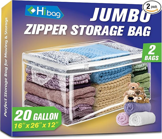 Large Storage Bag for Clothes, Jumbo Zipper Totes | 20 Gallon xxl, Flexible, Clear Extra Thick Plastic, Reinforced Handles, Double Zip by HIBAG