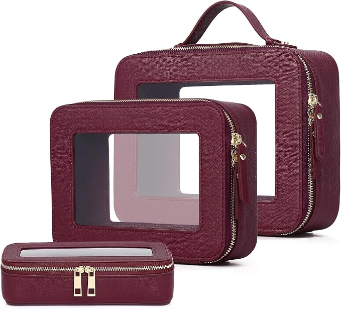 Pinkmik Clear Makeup Bag with Brush Bag 3pcs Waterproof Travel Case for Cosmetics and Toiletries Women's Makeup Organizer with Zipper (X/Burgundy, L+M+SLIM) by Pinkmik