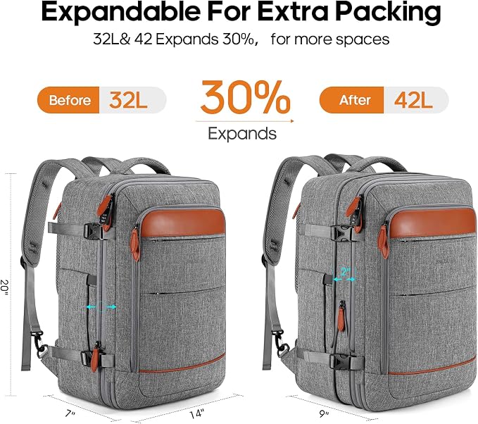 Bagsure Travel Backpack Carry On Backpack 42L Flight Approved, Expandable Laptop Backpack with Packing Cubes & Shoe Pocket, Water Resistant Luggage Backpack for Men Women, Large Backpack 20 * 14 * 7" - Image 2