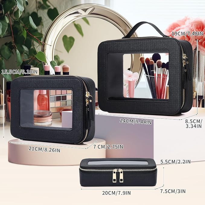 Pinkmik Clear Makeup Bag with Brush Bag 3pcs Waterproof Travel Case for Cosmetics and Toiletries Women's Makeup Organizer with Zipper (Black, L+M+SLIM) - Image 2