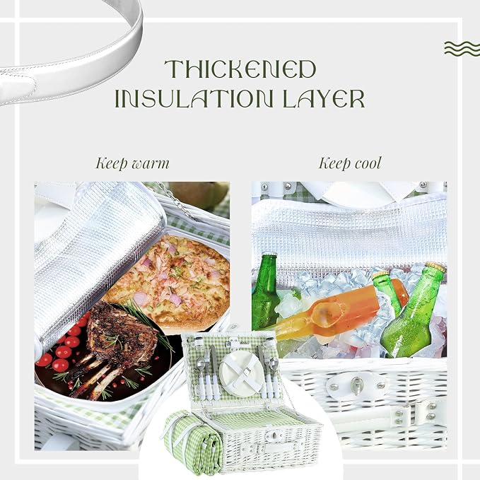 Picnic Basket Set for 4 with Waterproof Blanket Mat Insulation Bag Wicker White Green Plaid Classic Fresh Gift for Christmas Thanksgiving Wedding Birthday Camp Outdoor Beach Travel - Image 7