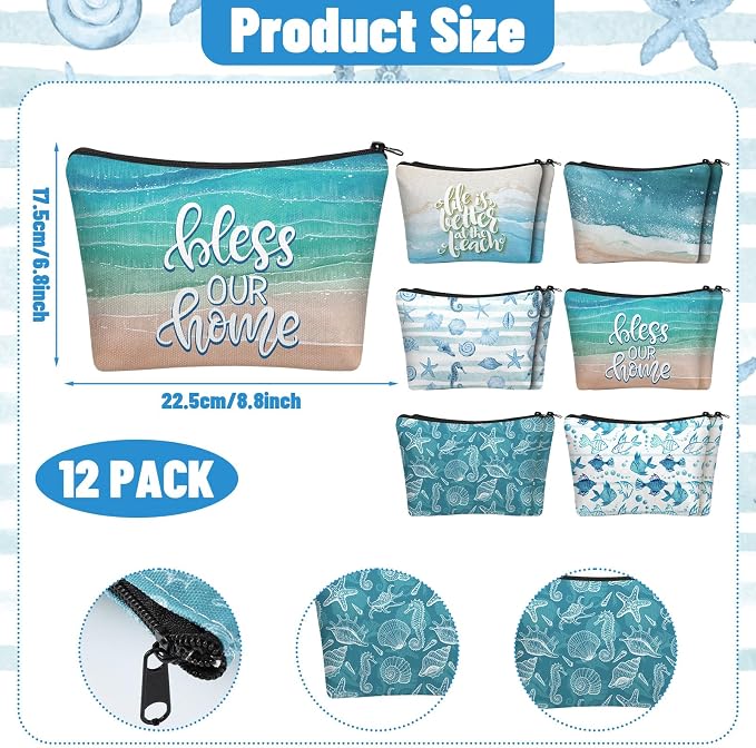 Sweetude 12 Pcs Beach Makeup Bag Bulk Summer Ocean Gifts Portable Travel Cosmetic Bags with Zipper Coastal Sea Starfish Waterproof Roomy Travel Toiletry Organizer Storage Beauty Pouch for Women Gifts - Image 3