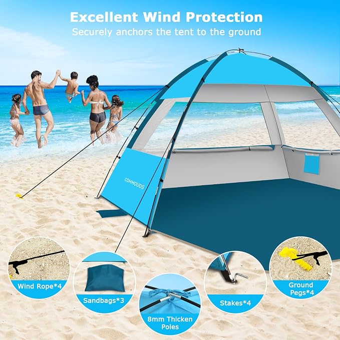 COMMOUDS Beach Tent Sun Shelter for 3/4/6/8 Person, UPF 50+ UV Protection Beach Shade Canopy Tent, Lightweight, Easy Set Up and Carry - Image 6