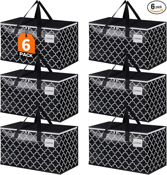 HomeHacks Heavy Duty Moving Bags with Tag Pockets, Collapsible Storage Totes for Moving, Camping & Travel -Foldable Packing Boxes, Zipper Handles, Black（6 Packs, 88L） by HomeHacks