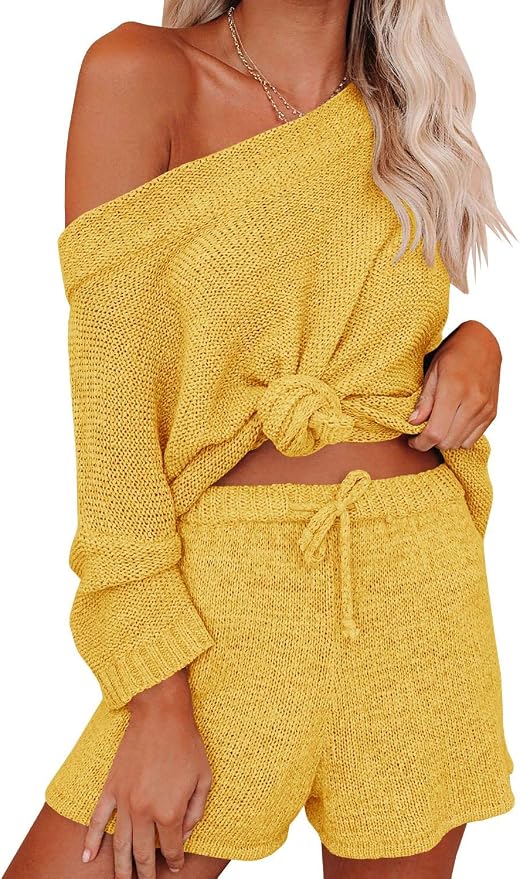 Ermonn Womens 2 Piece Outfits Sweater Sets Off Shoulder Knit Tops Waist Short Suits Casual Pajama Set - Image 2