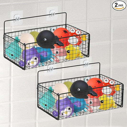 2 Pack Bath Organizer,Hanging Metal Mesh Shower Caddy with Adhesive Hooks for Bathtub Easy Access Toys,Large Bath Storage Holder for Storing Toiletries,Cosmetics, Clothes(Black) by Rainmae