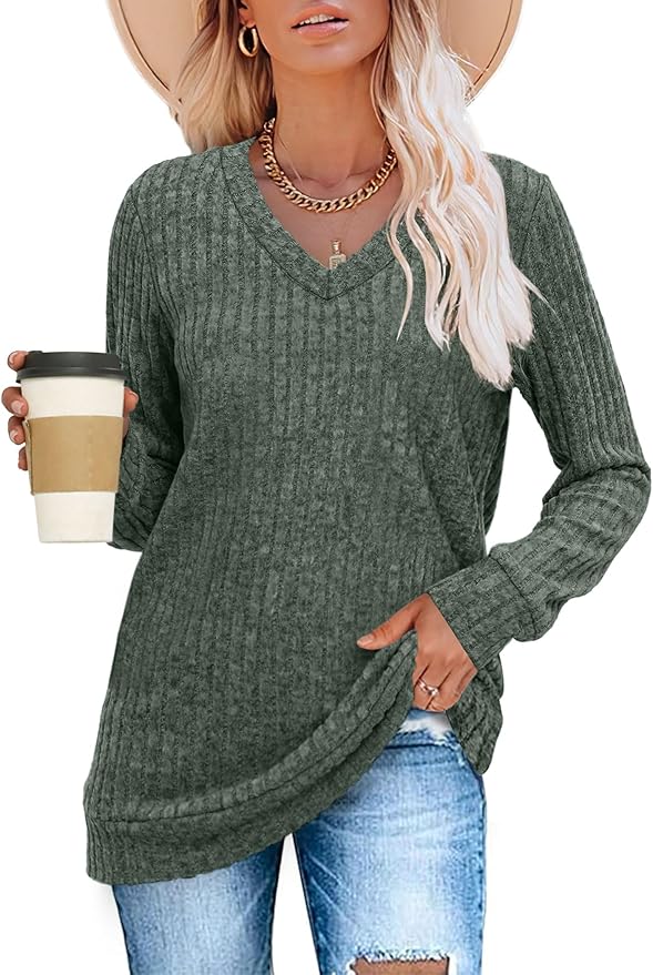 Sampeel V Neck Long Sleeve Shirts for Women Casual Fall Tops Lightweight Tunic Sweaters Fashion Clothes Loose Fit 2025