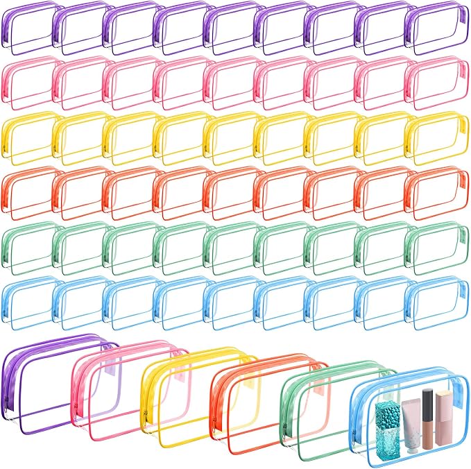 60 Pcs Clear Makeup Bags Bulk Travel Toiletry Bag 7 x 5.5 x 1.6 Inch PVC Zipper Pouch Waterproof Plastic Cosmetic Case Portable Organizer for Women Summer Bathroom (Bright Color) by Cunno
