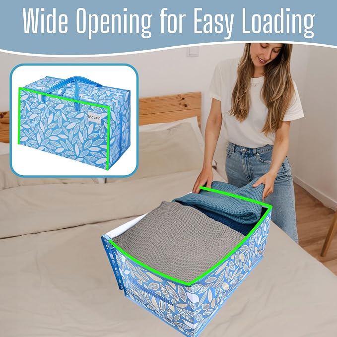 VENO 6 Pack Extra Large Heavy Duty Moving Bags with Wide Opening & Reinforced Handles, Reusable Storage Tote Bags with Strong Zippers for Clothes, College Dorm Essentials & Moving Supplies - Image 2
