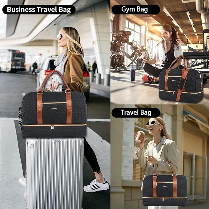 Wogarl 3PCS Weekender Bags for Women Large Overnight Bag Weekend Travel Duffel Bag Carry on Shoulder with Shoe Compartment Canvas Toiletry Bag for Travel Business Gym,Black - Image 5