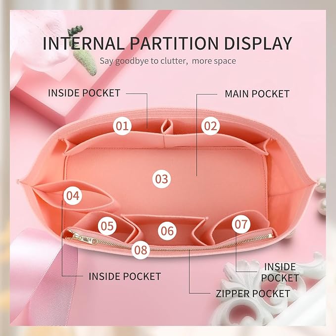 Purse Organizer Insert with Base Shaper Compatible with Neverfull PM and More, Bag Organizer for Luxury Tote Handbags, Pink, M - Image 4