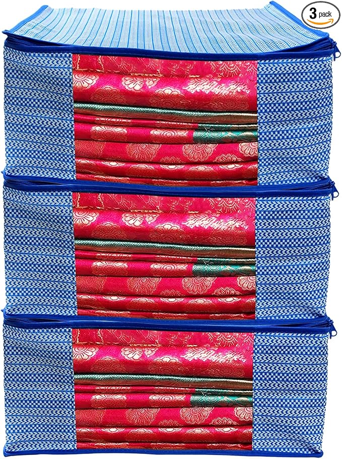 ANKIT INTERNATIONAL Saree Cover Storage Bags Pack of 03 – Non Woven Foldable Clothes Storage Organizer with Zipper & Clear Window, Wardrobe Garment Storage for Sarees, Dresses (Blue) by AI+ANKIT+INTERNATIONAL
