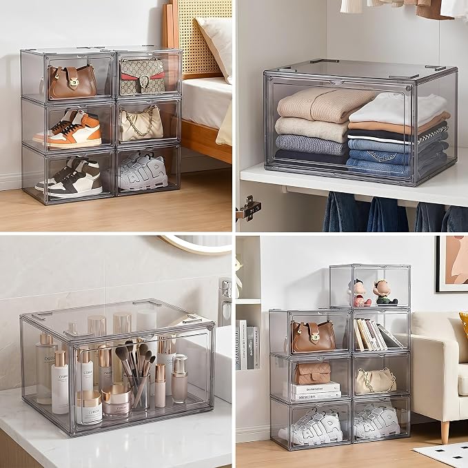 MMBABY 12 Pack Acrylic Shoe Boxes– Ultra Clear Plastic Stackable Sneaker Storage For Sneakerhead. Professional Grade Shoe Display Case with Magnetic Door.Fits US Size 15 (Grey-Side Open) - Image 6