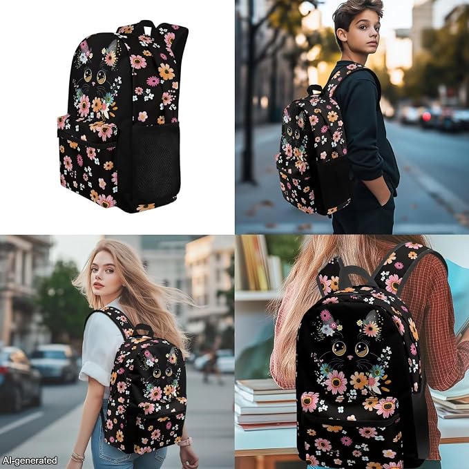Girls Backpacks Ages 8-10 6-8 Cute Black Cat Floral Backpacks for Boys with Lunch Box 4 Piece School Bag Set 17 inch Kids Bookbag with Adjustable Starps Teens Back Pack Daypack - Image 4