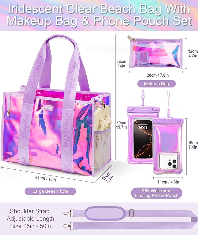 Bagstellar Iridescent Beach Bag, Jelly Tote Bag with Phone Pouch Makeup Bag | Large Beach Bags Waterproof Sandproof, Zipper Beach Tote Clear Pool Swim Boat Bag for Women Summer Travel Cruise Essentials - Image 4