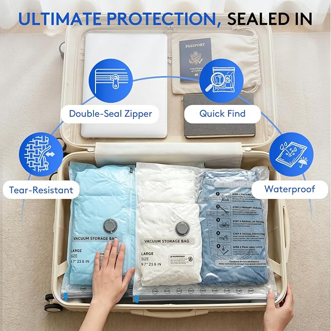 6 Packs Vacuum Bags for Travel with Rechargeable Pump, 3 Sizes Vacuum Seal Bags for Clothing, Compression Vacuum Travel Bags for Luggage, Vacuum Packing Bags for Closet Organization - Image 5