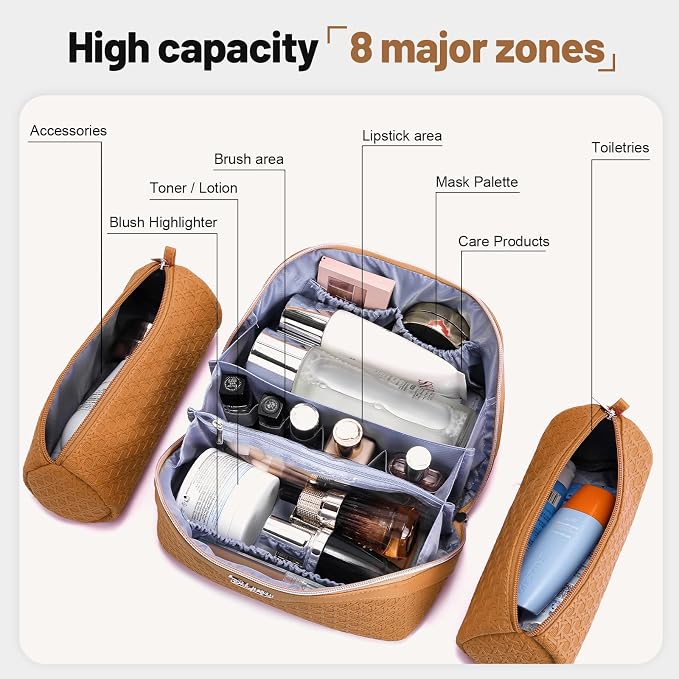 BOYATU Travel Makeup Bag Cosmetic Bags for Women: Large Capacity 3 Pcs Set Make up Bag with Compartments - Waterproof Vegan Leather Toiletry Organizer Bags with Handle (M-74Yellow Brown) - Image 4