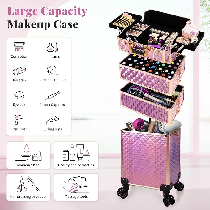 AROUS Rolling Makeup Train Case 4 in 1 Cosmetology Case on Wheels Large Storage Cosmetic Trolley with Key Salon Barber Case Traveling Cart Trunk, Pink - Image 4