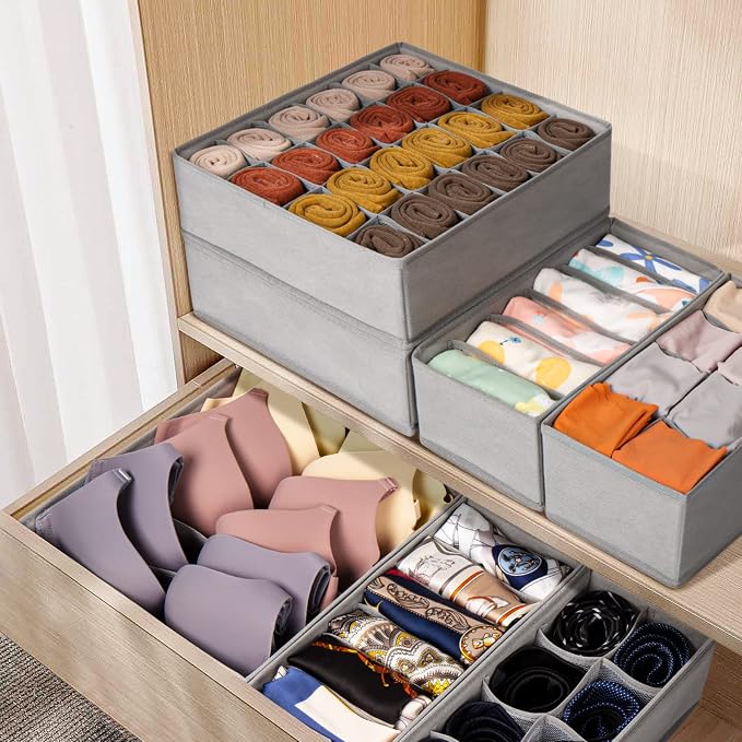 Criusia 6 Pack Sock Underwear Drawer Organizer Dividers, 58 Cell Foldable Fabric Dresser Closet Organizers and Storage Bins for Clothing, Baby Clothes, Bra, Panty, Scarf, Ties (Grey) - Image 6