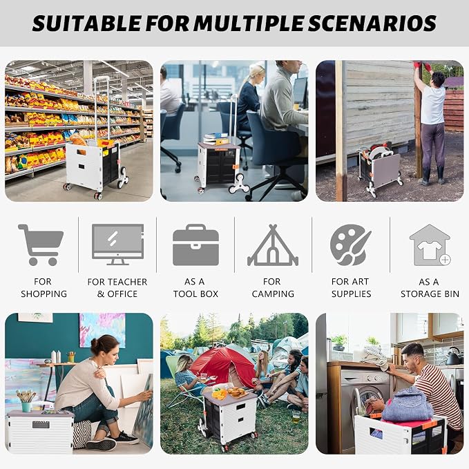 FELICON SELORSS Folding Utility Climber Cart Portable Rolling Crate-White | Stair Climbing Wheels+360°Swivel Wheels,Telescoping Handle,Plastic Box Dolly for Travel Shop Move Laundry Office Teacher Use - Image 5