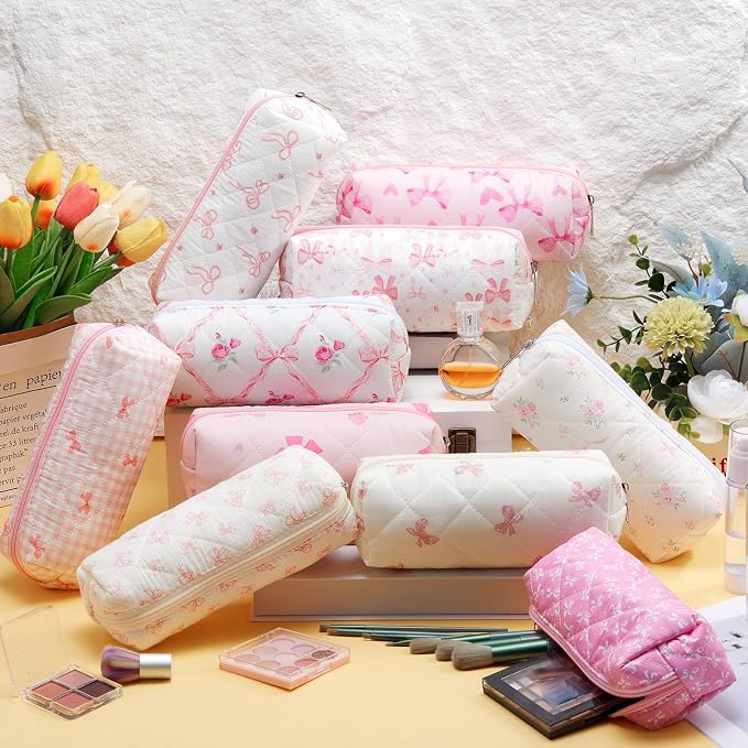 Paterr 10 Pcs Quilted Makeup Bag Bulk Cotton Floral Cosmetic Bag Women Girls Bridesmaid Gifts Cute Makeup Pouch Coquette Aesthetic Travel Toiletry Organizer(Pink Bow,7.48 x 2.36 x 3.15 Inches) - Image 7