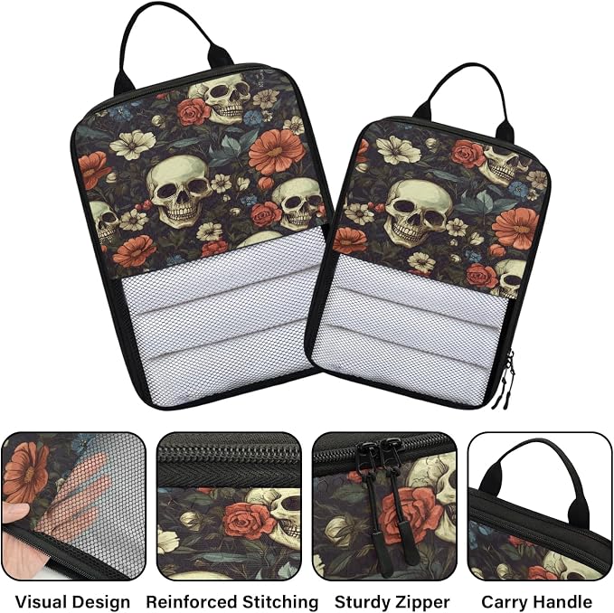 Floral Skull 6 Set Compression Packing Cubes for Travel Luggage Carry On Suitcase Compressible Expandable Packing Cubes Organizers Bag - Image 3