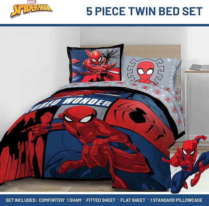 Marvel Spiderman Twin Comforter Set 5 Piece Kids Bedding for Boys, Multi | Bed in a Bag, Comforter Sheets Sham Pillowcase, Official Product, Soft Microfiber, Machine Washable, Easy Care, Boys Gift - Image 2
