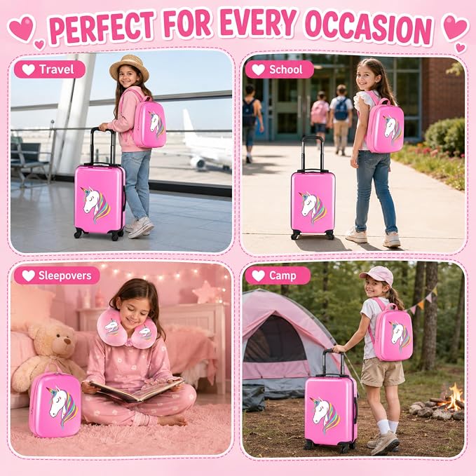 Sanwuta 4 Pcs Kids Luggage Set Back to School Gifts for Girls Boys Carry On Rolling Suitcase Backpack Neck Pillow Travel Set(17 Inch,Unicorn Style,Pink) - Image 7