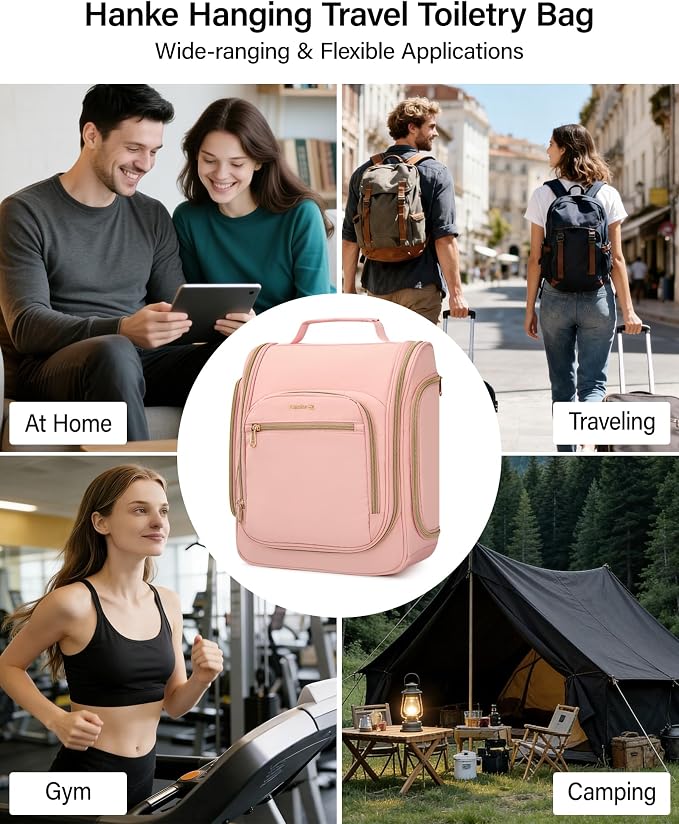 Hanke Hanging Travel Toiletry Bag for Men and Women, Water-Resistant Toiletries Bag Makeup Organizer with Hook, Cosmetic Bag for Bathroom & Travel Essentials Accessories, Pink - Image 9