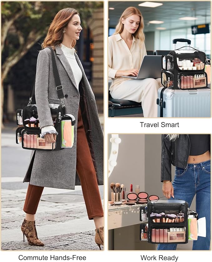 TANTO Makeup Brush Bag, Makeup Artist Bag Clear Makeup Case Professional Large Cosmetic Organizer Bag Portable Cosmetic Train Case with Adjustable Dividers & Shoulder Strap Easy to Clean - Image 6