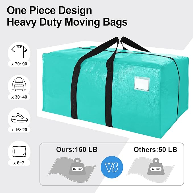 6 Pack Heavy Duty Extra Large Moving Bags W/Backpack Straps - Strong Handles & Zippers, Storage Totes For Space Saving, Fold Flat, Alternative to Box and Bin (40 gal, Aquamarine) - Image 5