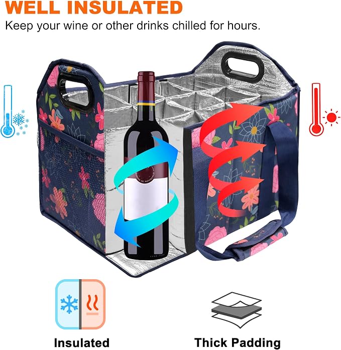 12 Bottle Wine Carrier Collapsible Bottle Caddy with Handles Storage Box for Travel Picnics Weddings Shopping Wine Tasting (Blue Floral) - Image 6