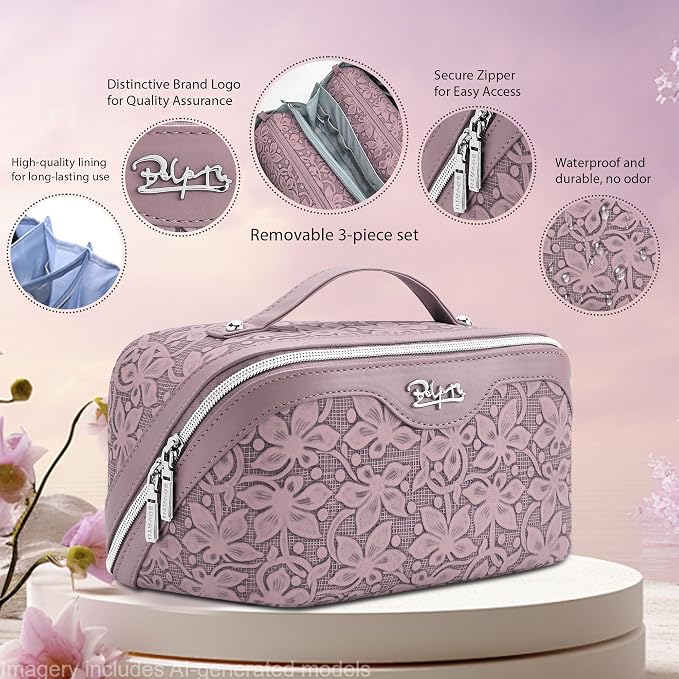 BOYATU Travel Makeup Bag Cosmetic Bags for Women: Large Capacity 3 Pcs Set Make up Bag with Compartments - Waterproof Vegan Leather Toiletry Organizer Bags with Handle (Z-64Purple) - Image 2