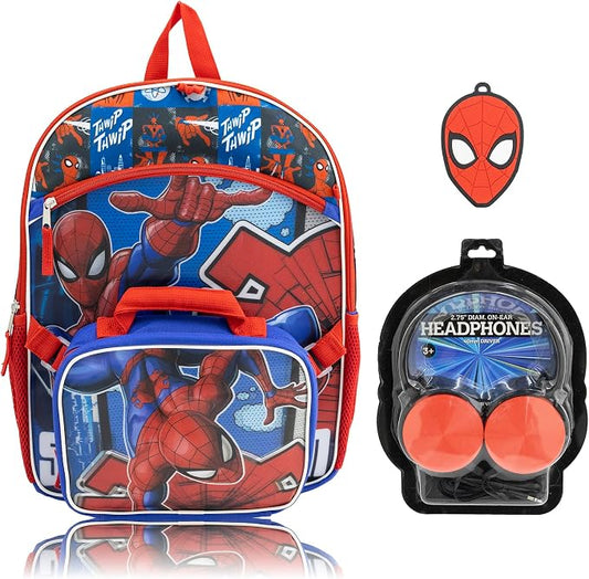 Marvel Spiderman Backpack Set for Boys | Spiderman Bookbag with Lunch Bag, Headphones, and Dangle | Kids School Spider-Man Backpack | Ages 3+ by FASTFORWARD