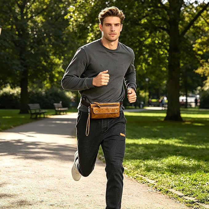 Water Resistant Canvas + Leather Hiking Riding Travel Fanny Waist Pack Small Phone Pouch For Men Women FB811-29 (100% Leather-The 8136 Brown2) - Image 3