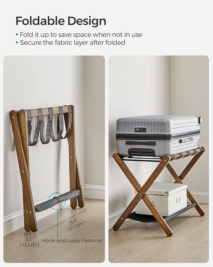 SONGMICS Luggage Rack, Folding Suitcase Stand with Storage Shelf, for Guest Room, Hotel, Bedroom, Heavy-Duty, Holds up to 131 lb, Walnut Brown URLR007D01 - Image 7
