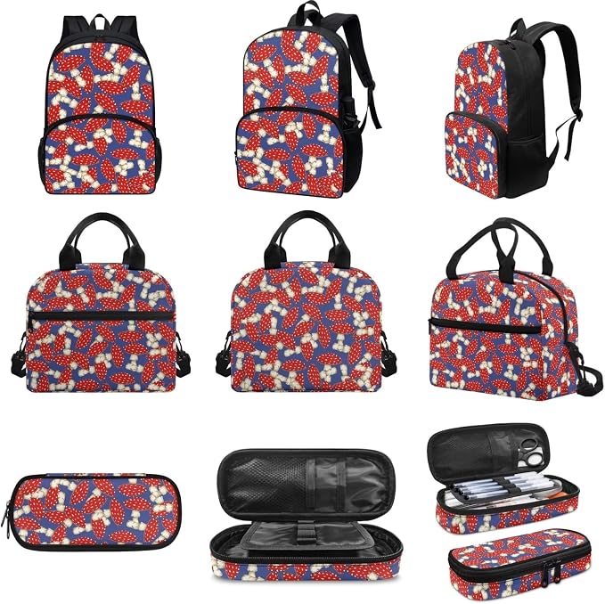 Blue Mushroom Backpack Set for Girls Kids Lightweight Cute School Backpack with Lunch Box Pencil Case Adjustable Strap Padded Book Bag Insulated Lunch Bag - Image 3