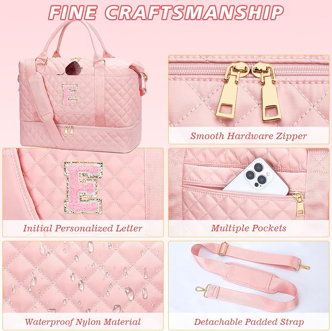 Gifts for Women Girls Initial Travel Duffle Bag Quilted Weekender Carry-On Overnight with Cosmetic Bag, Gym Bag with Shoe Compartment Hospital Bag for Labor Delivery, Pink E - Image 6