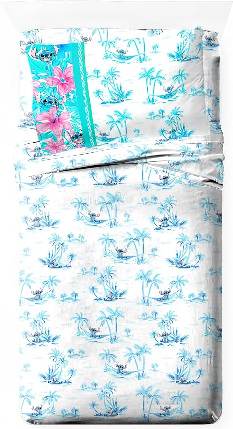 Jay Franco Sheet Set with Fitted, Flat Sheets & Pillow Cover - Ultra-Soft Bedding with Pillowcase for Room Decor, White - Stitch, 3 Piece Twin by JayFranco