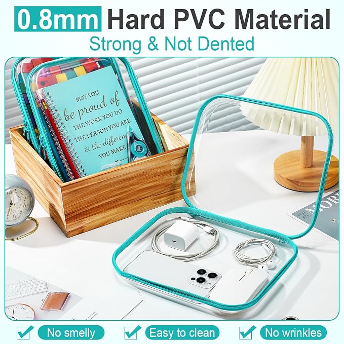 Sanwuta 6 Pcs Clear Hard Zipper Case Plastic Zipper Pouches Transparent Makeup Bag Pencil Case Pouches Toiletry Diaper Bag for Travel Toy Storage Organizer Bins(Teal,9.84 x 7.87 x 2 Inch) - Image 4