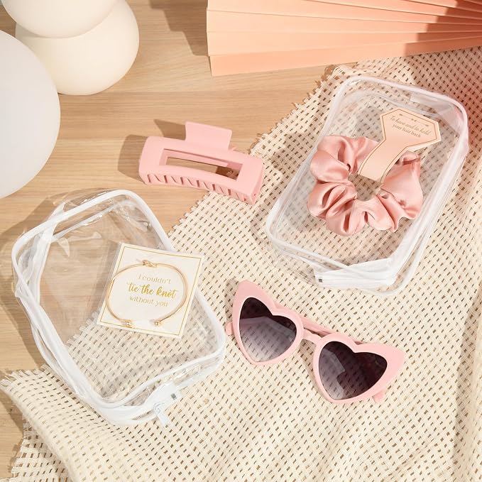 DEEKA 30 Pcs Bridesmaid Proposal Bag Set Gift Clear Makeup Toiletry Bag Bachelorette Party Favors Sunglasses Hair Claw Clips Scrunchies Knot Bracelets Bridal Wedding Party Gifts (Pink) - Image 7