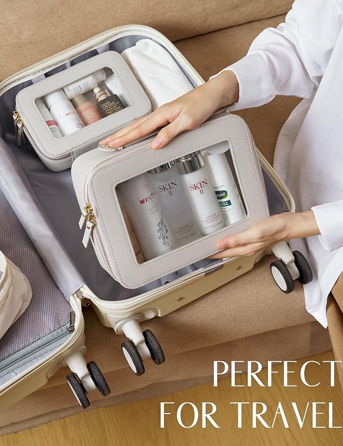 Popvibe Clear Makeup Case Set Toiletry Bag Travel Large Clear Cosmetic Bag with Zipper, Big Make Up Bag Organizer Women Traveling TSA Approved Transparent Bag Car for Essentials, Beige Grey - Image 3