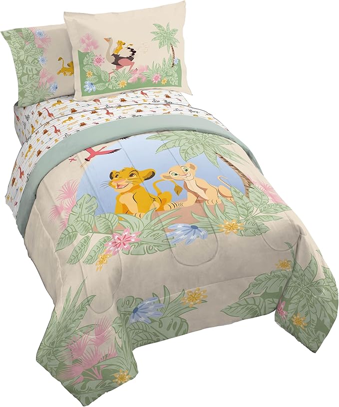 Disney Lion King Simba Twin Comforter Set 5 Piece Kids Bedding, Multi | Safari Animal, Comforter Sheets Sham Pillowcase, Official Brand, Soft Microfiber, Machine Washable, Easy Care, Kids Gift by JayFranco