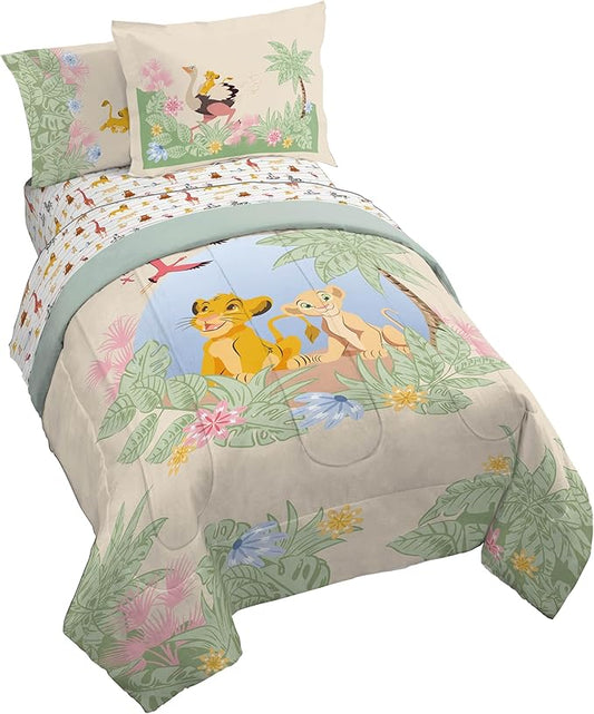 Disney Lion King Simba Twin Comforter Set 5 Piece Kids Bedding, Multi | Safari Animal, Comforter Sheets Sham Pillowcase, Official Brand, Soft Microfiber, Machine Washable, Easy Care, Kids Gift by JayFranco
