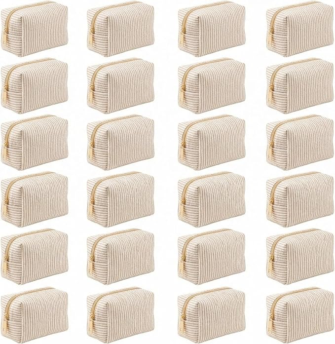 24 PACK Makeup Bags-Bulk Seersucker Cosmetic Bag for Women Bridesmaid Gifts Makeup Pouch for Wedding Party Favors Bachelorette Party Decorations Travel Toiletry Organizer Graduation Gifts(24, Khaki) by Home