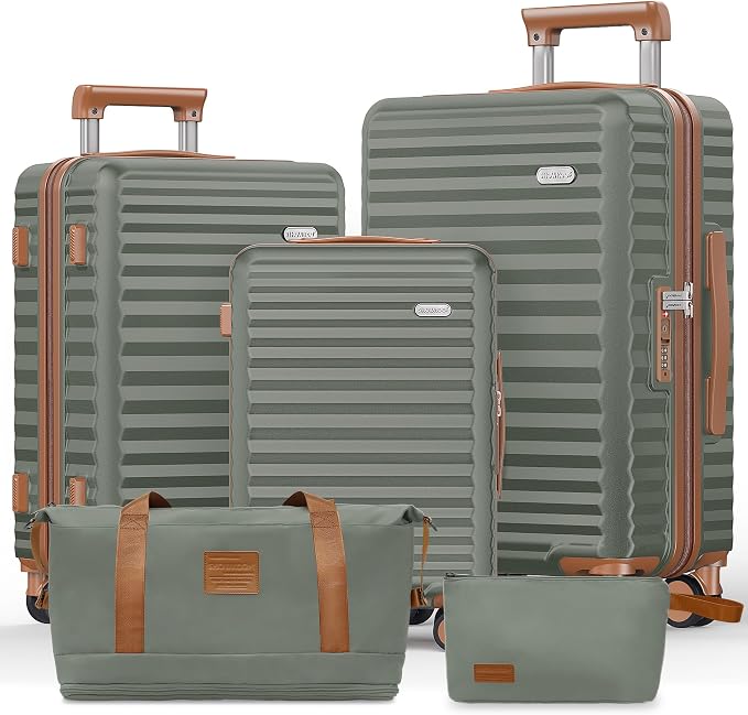 SHOWKOO Luggage Sets 3 Piece Hardside Expandable Suitcase with Double Spinner Wheels Tsa Lock, (Green, 5 piece set) by SHOWKOO