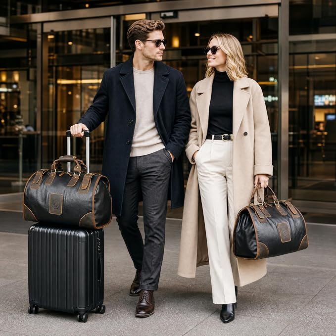 Water Resistant Canvas + Leather Travel Luggage Tote Duffle Gym Suitcase Weekender Overnight Bag For Men Male FB8151 (X-8151-Black) - Image 2